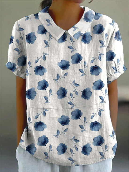 Women's Floral Spring Print Lapel Short Sleeve Shirt