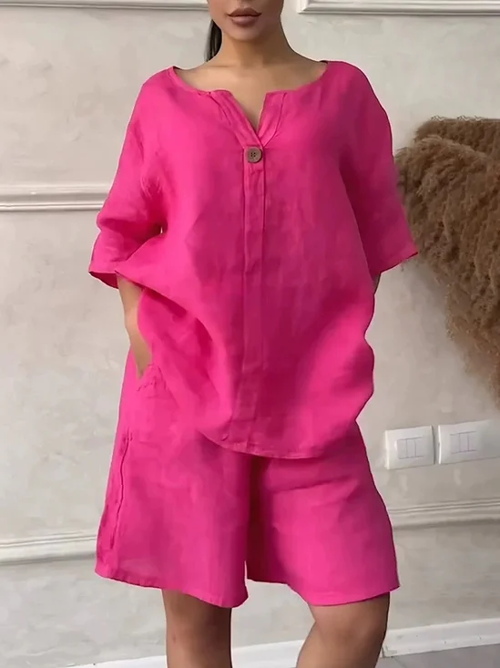Casual Plain V Neck Two-Piece Set