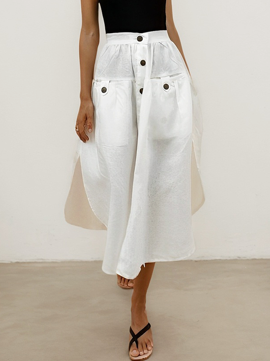 Vacation Pocket Stitching linen-cotton Midi Skirt