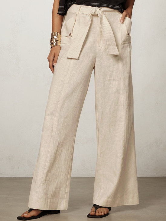 Casual Plain Pocket Stitching linen-cotton Straight Pants  Belt