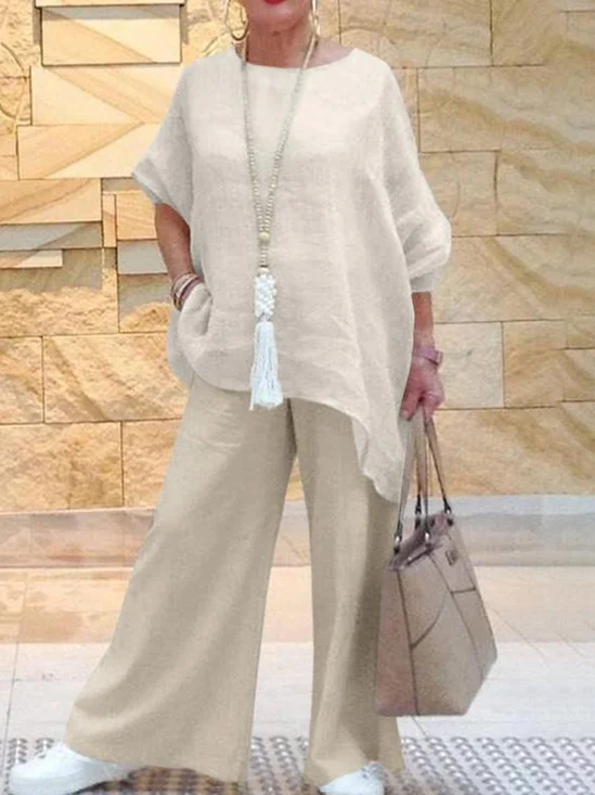 Casual Plain Crew Neck Top With Pants Two-Piece Set