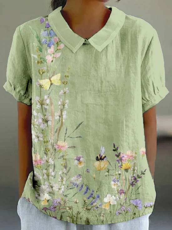 Women Floral Shawl Collar Vintage Short Sleeve T-shirt