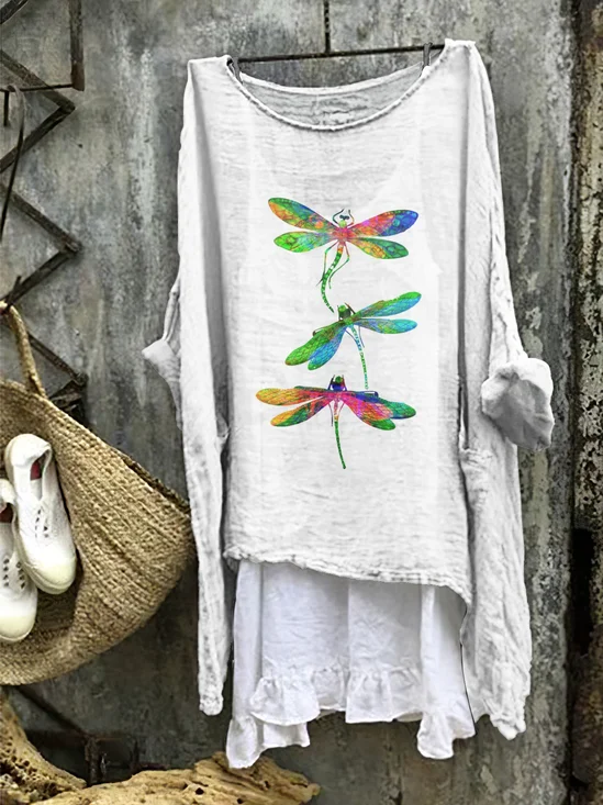 Dragonfly pattern comfortable casual cotton linen long sleeved dress