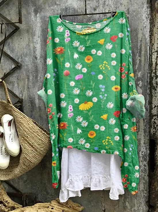 Flower pattern comfortable casual cotton linen long sleeved dress