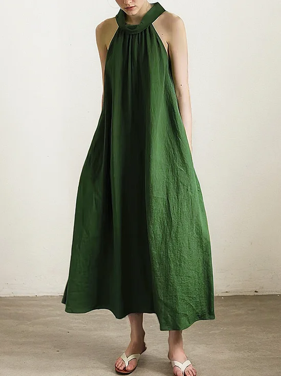 Vacation Plain linen-cotton Halter Maxi Dress