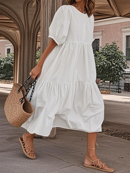 Casual Loose Solid Color Round Neck Three-Section Dress