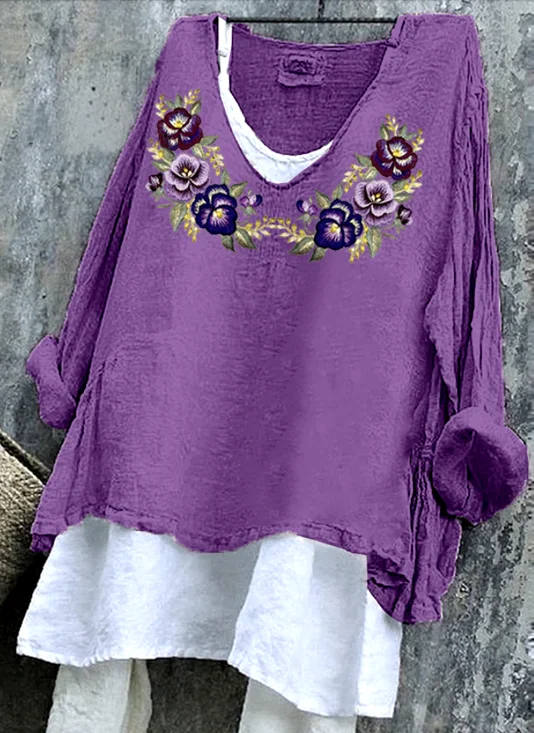Women Floral Crew Neck Casual Long Sleeve T-shirt