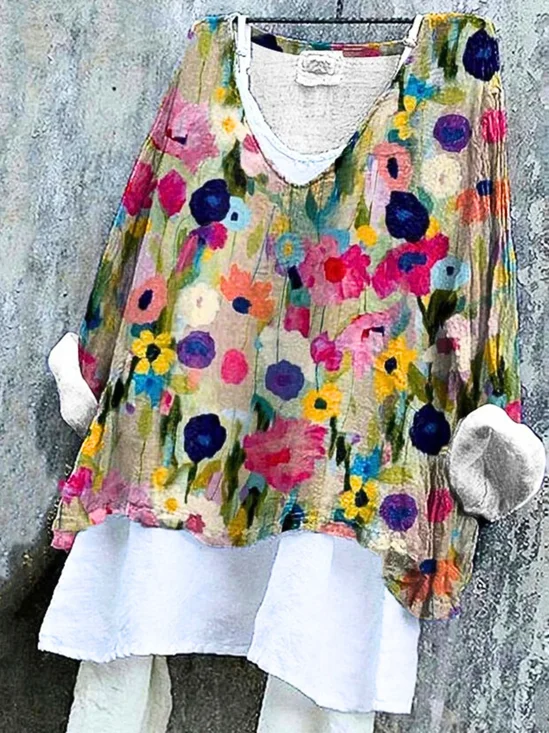 Women Floral V Neck Vintage Long Sleeve T-shirt