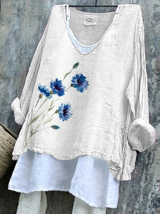 Women Floral V Neck Vintage Long Sleeve T-shirt