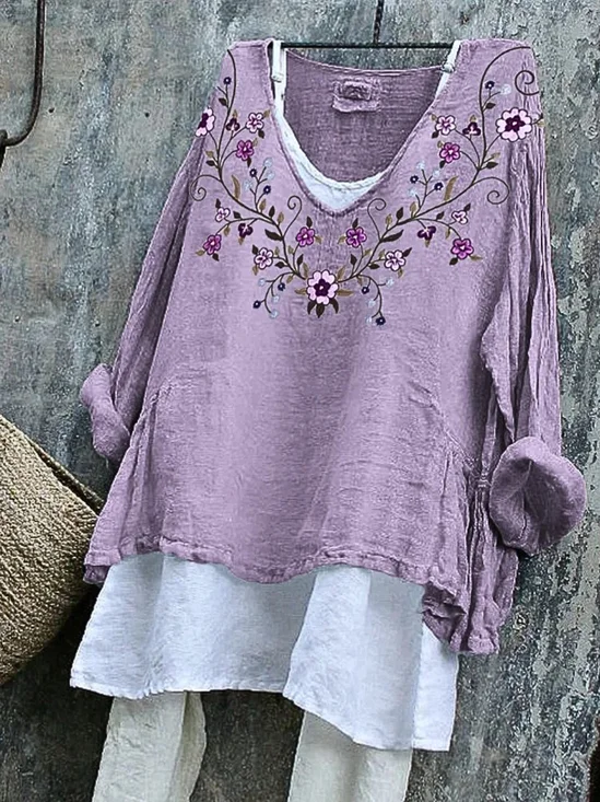 Women Floral V Neck Vintage Long Sleeve T-shirt