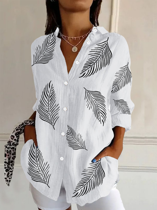 Women's Long Sleeve Shirt Spring/Fall White Feather Buckle Shirt Collar Daily Going Out Casual Top