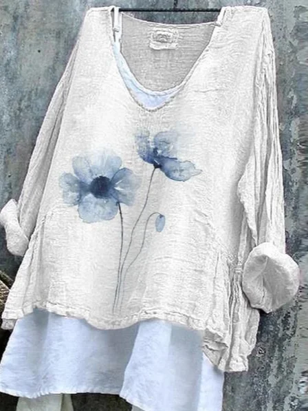 Women's Long Sleeve Blouse Spring/Fall White Floral Printing V Neck Daily Going Out Casual Top