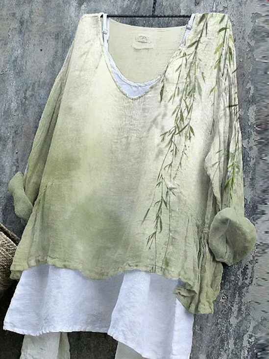 Women's Long Sleeve Blouse Spring/Fall Green Floral Printing V Neck Daily Going Out Casual Top