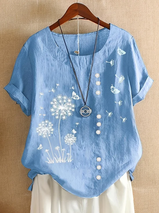 Women's Short Sleeve Shirt Summer Green Floral Printing Crew Neck Daily Going Out Casual Top