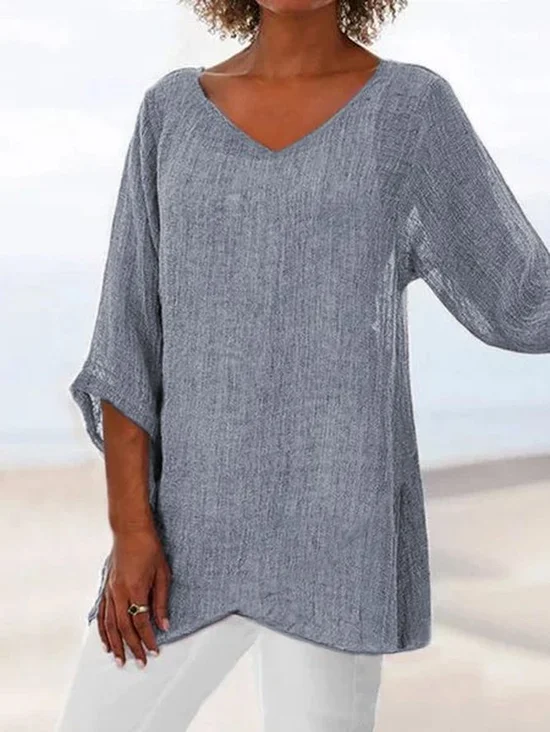 V neck Linen Plain Casual Asymmetric 3/4 Sleeve Plain Top