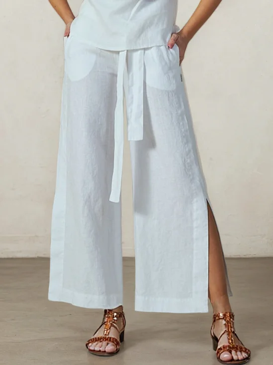 Casual Plain linen-cotton Straight Pants
