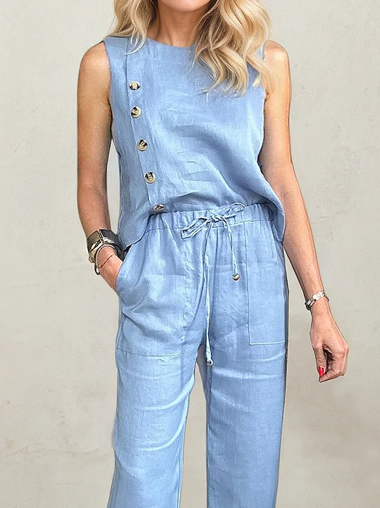 Linen Casual Plain linen-cotton  Tank Top