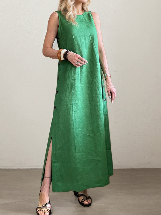 Vacation Plain Crew Neck linen-cotton Maxi Dress