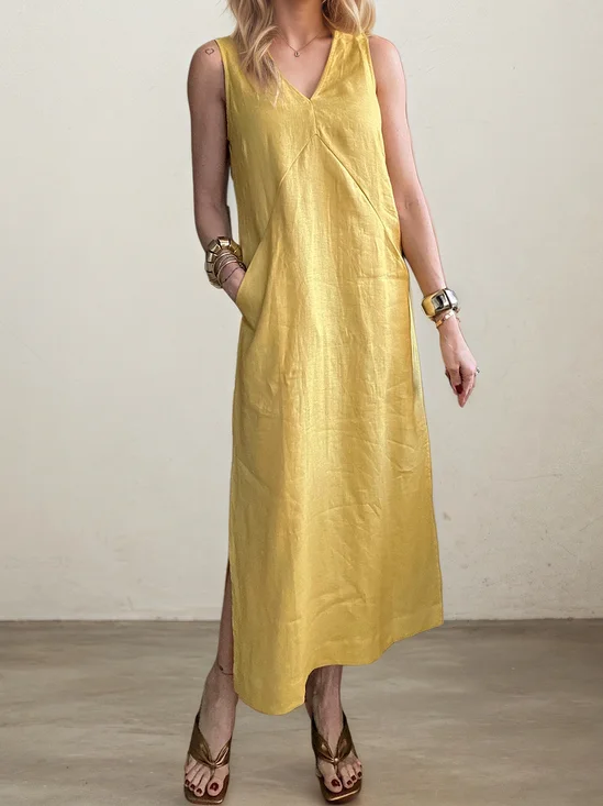 Casual Plain V Neck linen-cotton Maxi Dress