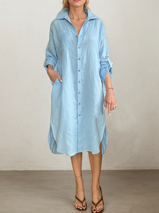 Casual Plain Shirt Collar linen-cotton Midi Dress