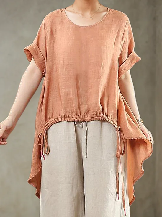Linen Casual Plain Crew Neck linen-cotton Blouse