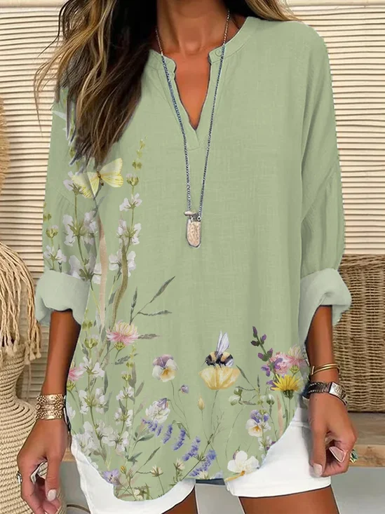 Women's Floral Print Casual V-Neck Shirt