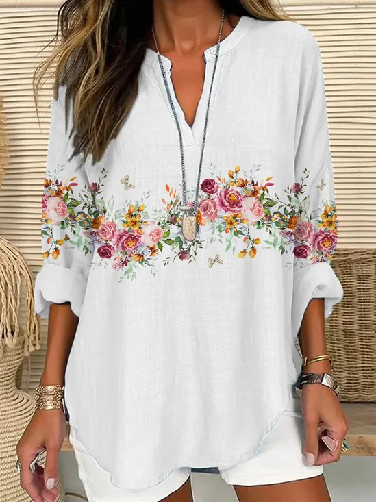 Women's Floral Print Casual V-Neck Shirt