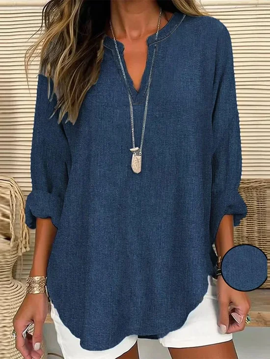 Women's Spring and Summer Imitation Denim Printed Casual Long Sleeve V-Neck Shirt