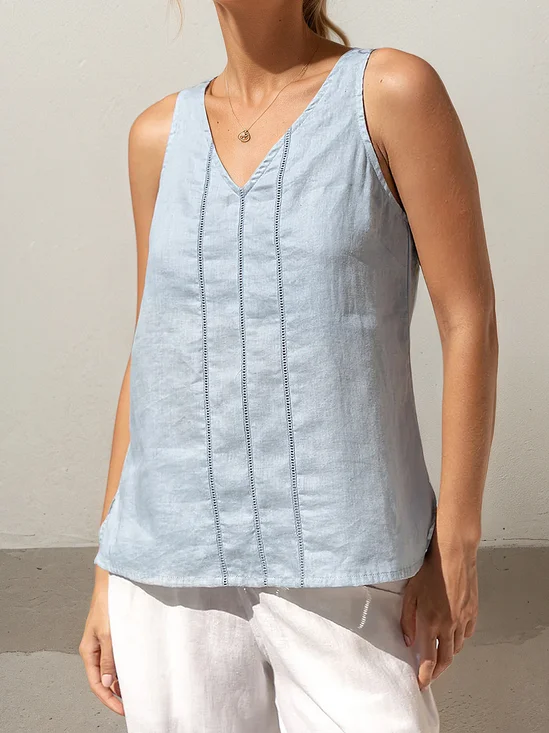 Linen Casual Plain V Neck linen-cotton Tank Top
