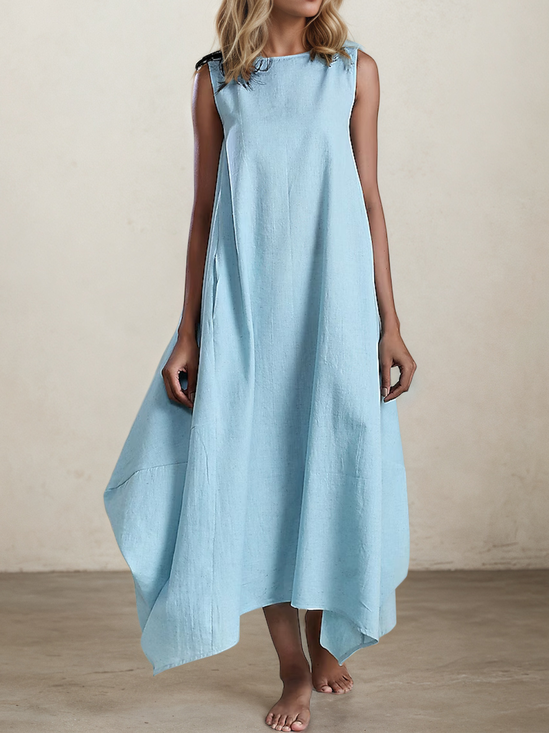 Casual Plain linen-cotton Crew Neck Maxi Dress