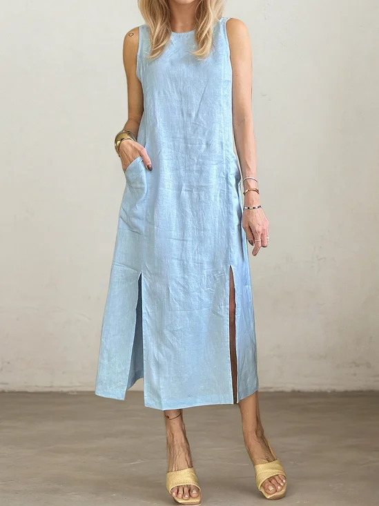 Casual Plain Slit Crew Neck linen-cotton Maxi Dress