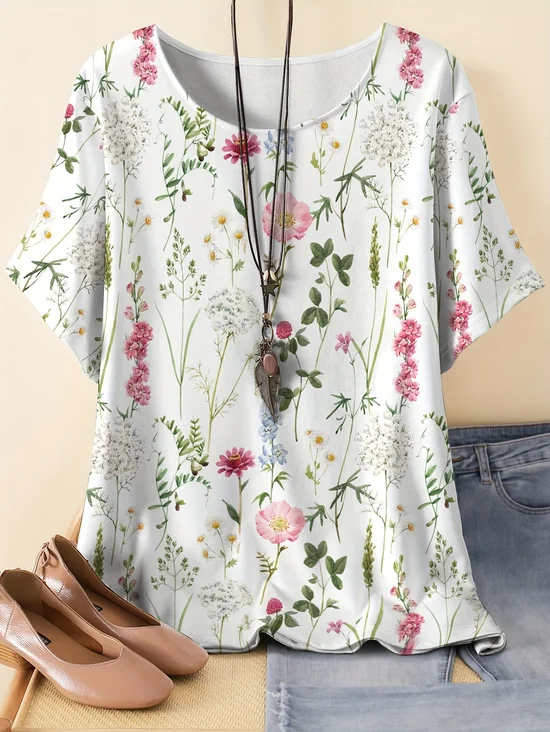 Women Floral Crew Neck Vintage Three Quarter Sleeve T-shirt