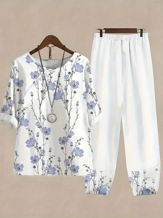 Women's Printing Floral Daily Going Out Two-Piece Set White Casual Summer Top With Pants Matching Set