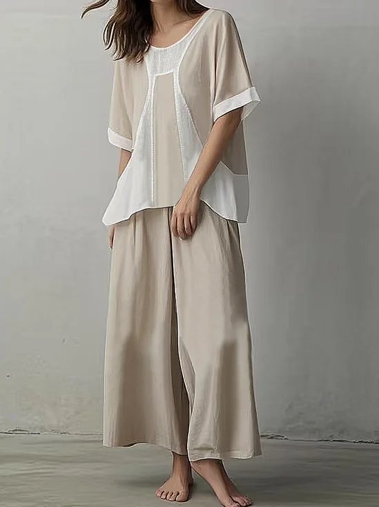 Casual Color Block Crew Neck linen-cotton Two-Piece Set