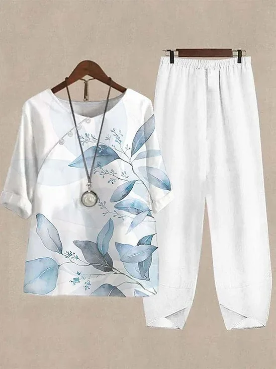 Women's Printing Floral Daily Going Out Two-Piece Set White Casual Summer Top With Pants Matching Set