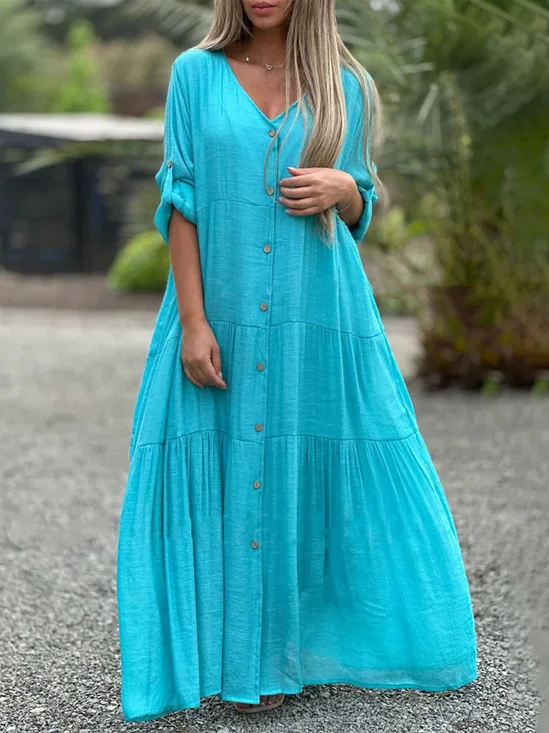 Casual Plain V Neck Maxi Dress