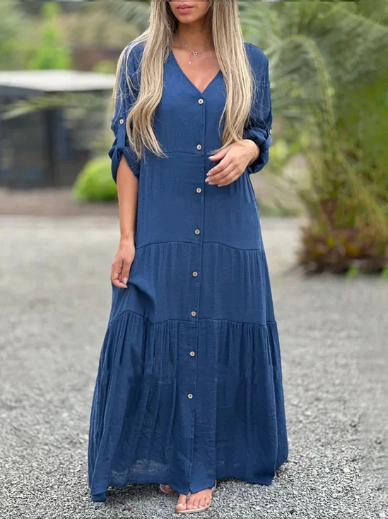 Casual Plain V Neck Maxi Dress