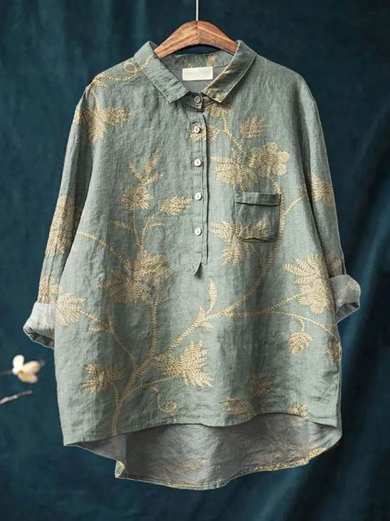 Women's Floral Spring Print Casual Half Collar Button-Down Shirt