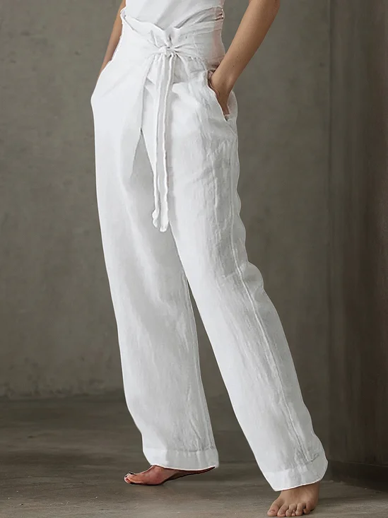 Casual Plain Asymmetric Straight linen-cotton Pants