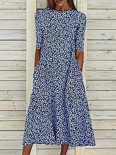 Women's Floral Print Round Neck Everyday Long Casual Shift Dress