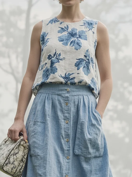 Linen Casual Floral Crew Neck linen-cotton Tank Top