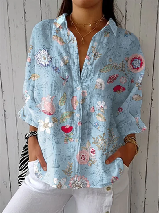 Vintage Hand Painted  Casual Linen V Neck Shirt