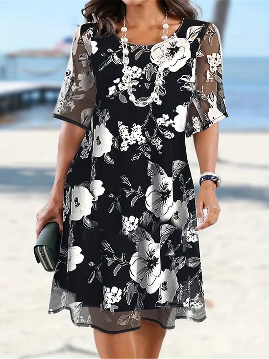 Vacation Floral Crew Neck Midi Dress