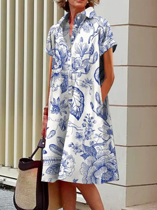 Casual Floral Shirt Collar Midi Dress