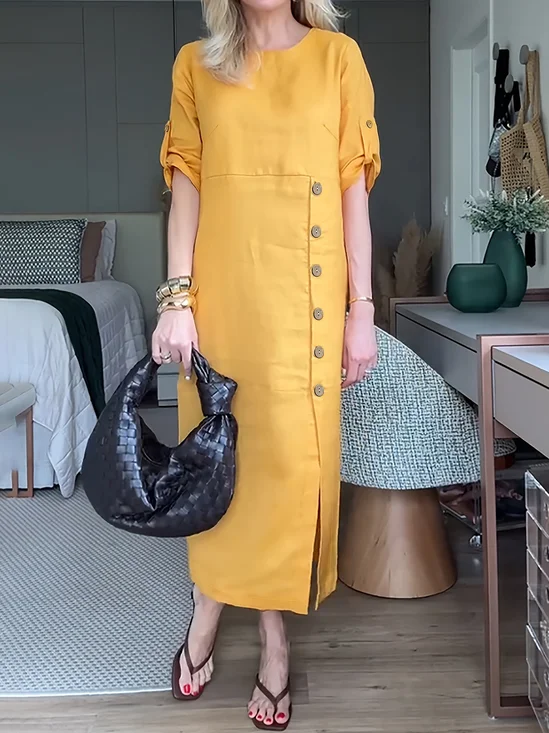 Casual Plain Buttoned Crew Neck Maxi Dress