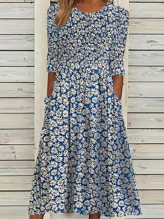 Women's Floral Print Round Neck Everyday Long Casual Shift Dress