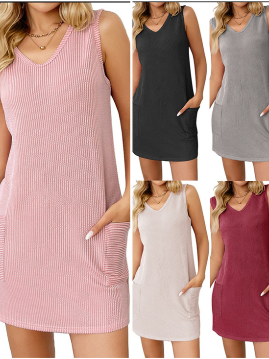 Women's Sleeveless Summer Deep Gray Plain V Neck Daily Going Out Casual Midi H-Line Tank Dress
