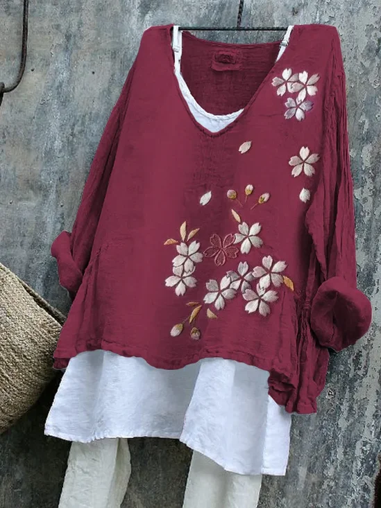 Women Floral V Neck Vintage Long Sleeve T-shirt