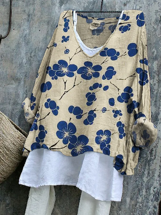 Women Floral V Neck Vintage Long Sleeve T-shirt