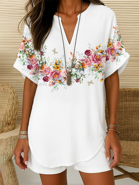 Women's Floral Print Casual V-Neck Short Sleeve Shirt